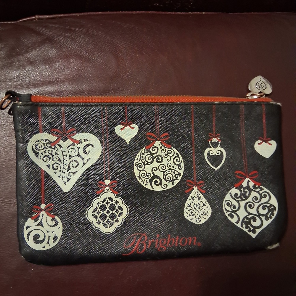 Brighton Christmas Holiday Ornament Heart Pouch Black Zipper Cosmetic Makeup Bag